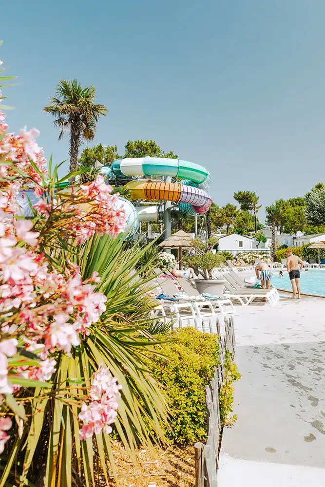 Aménagement de l'espace aquatique du Camping Sunélia Tropicana à Saint Jean de Monts - Rokaï Paysagiste en Vendée Aménagements, espace aquatiques, rochers, terrasses, piscines, plantes vertes, arbustes pour les campings par Rokaï Paysagiste